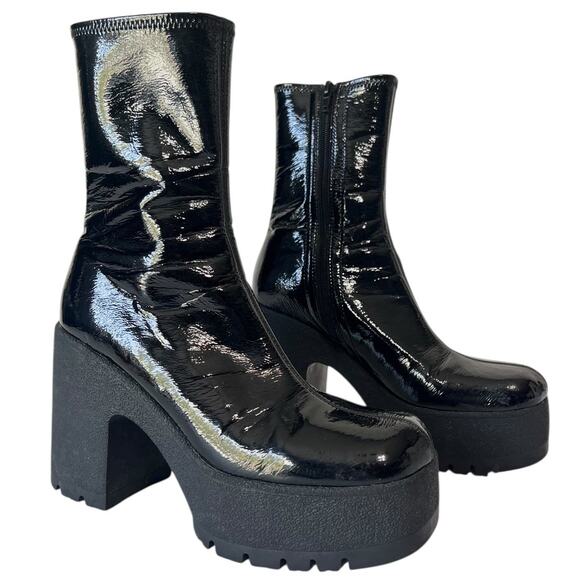 Jeffrey Campbell Refresh-L Black Patent Leather Boots Square Toe Y2K Size 8.5 - Picture 1 of 8